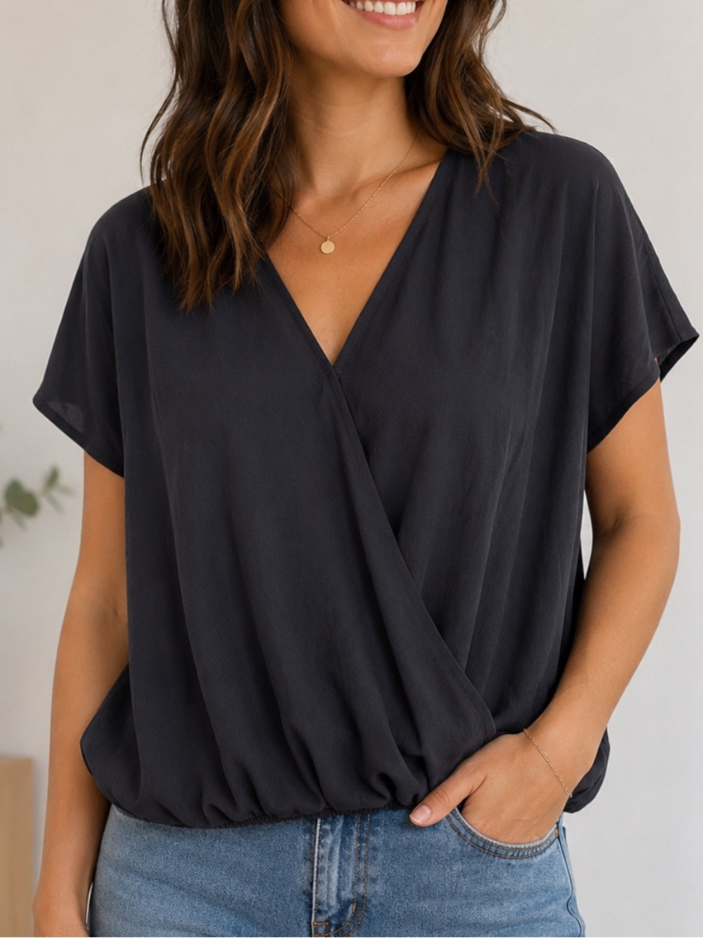 BloomChic Black V-Neck Wrap-Style Elastic Waist Blouse 18-20 2X